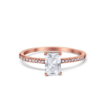Art Deco Wedding Ring Rose Tone, Simulated CZ 925 Sterling Silver
